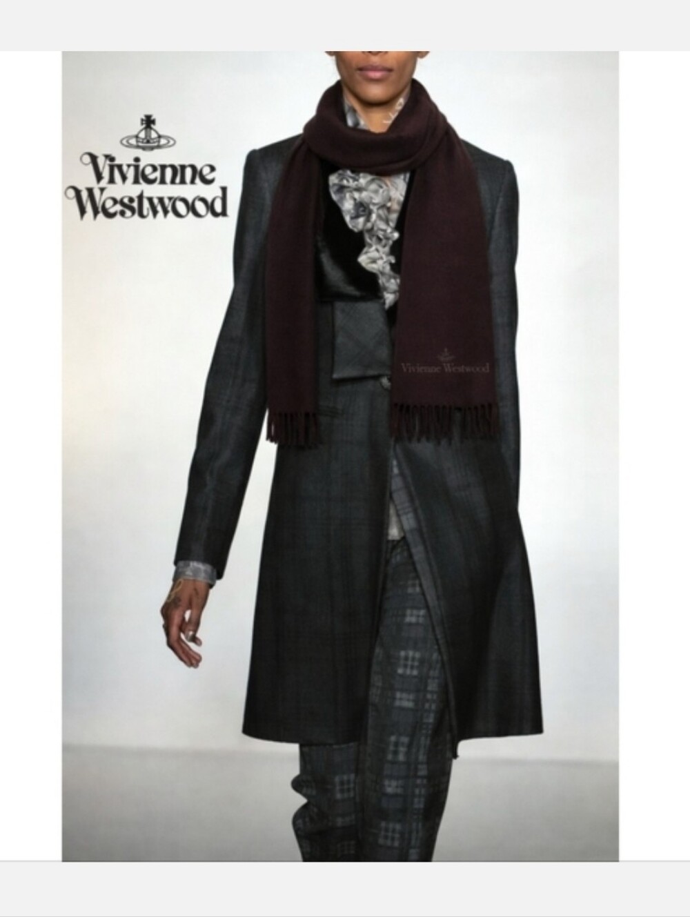 VIVIENNE WESTWOOD LOGO BROWN WOOL BLEND FRINGE SCARF